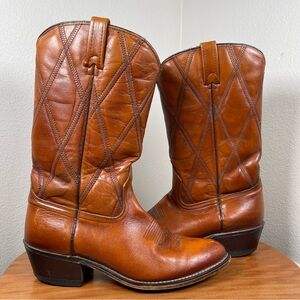 Vintage ACME Mens Diamond Stitch Brown Leather Pointed Toe Cowboy Boots Size 9D